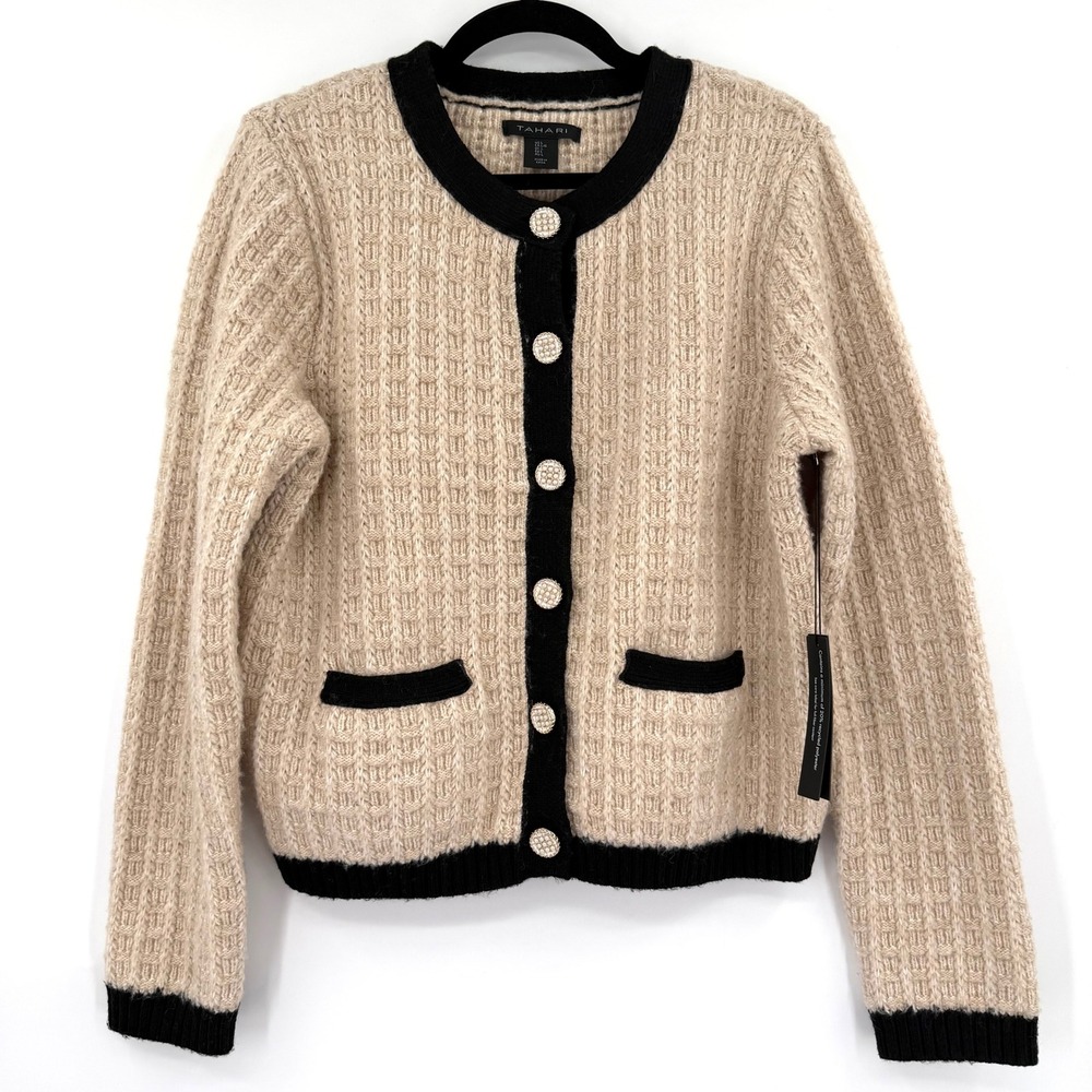 Tahari Womens Large Beige Black Trim Pearl Button Knit Cardigan Sweater New